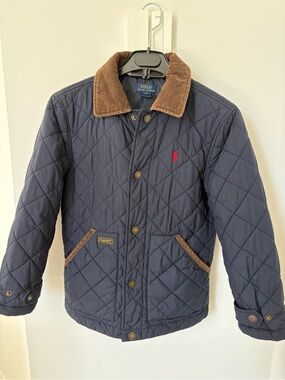 Polo Ralph Lauren Kids Boy 8T Quilted Puffer Jacket Navy Brown Collar